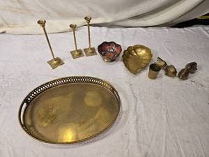 lot 180 image: Vintage Brass Items Including Tray, Candlesticks, and Decorative Pieces