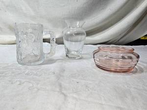 lot 181 image: Glassware Including Batman Forever Mug, Pink Glass Bowl, and Lead Crystal Vase