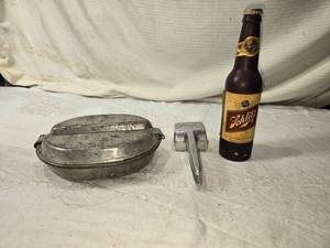 lot 184 image: Collection of Vintage Metal Items Beer Bottle Flashlight, Garlic Press, and Mess Kit Marked 1942