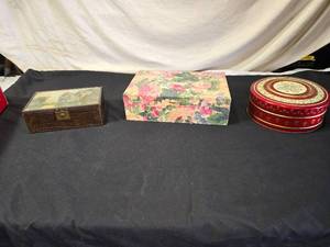 lot 202 image: Floral Jewelry Box, Tin Box, and Wood Box