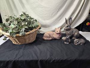 lot 211 image: Faux Floral Wicker Basket and Animal Figurines