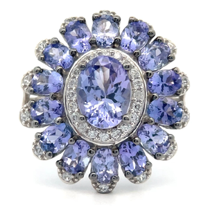 lot 39 image: NEW Tanzanite & Diamond Cluster Flower Ring VIDEO