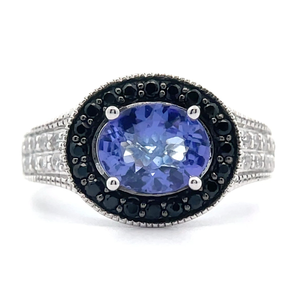 lot 43 image: NEW Tanzanite & Pav White Sapphire Oval Halo Ring VIDEO