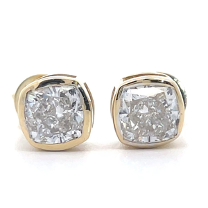 lot 18 image: NEW 2 Carat Diamond Cushion Bezel Solitaire Stud Earrings in 14k Yellow Gold Retail $2,495 VIDEO