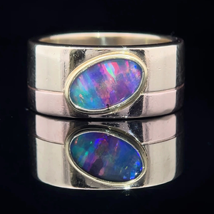 lot 10B image: Modern Australian Black Opal Statement Grooved Ring VIDEO