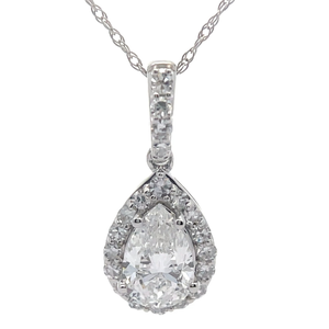 lot 28 image: NEW 1 Carat Diamond Pear Halo Pendant Necklace in 14k White Gold Retail $1,495 VIDEO