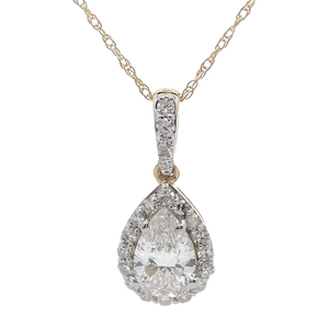 lot 29 image: NEW 1 Carat Diamond Pear Halo Pendant Necklace in 14k Yellow Gold Retail $1,495 VIDEO