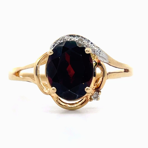 lot 49B image: Oval Garnet & Diamond Halo Vine Ring in 14k Yellow Gold VIDEO