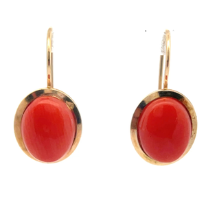 lot 52B image: Oval Cabochon Coral Wire Hook Earrings in 14k Yellow Gold MADE IN ITALY VIDEO