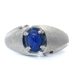 lot 54 image: Mens Oval Blue Star Sapphire Brushed Finish Ring 14k White Gold VIDEO