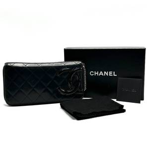 lot 47C image: Chanel Black Patent Leather Quilted CC Zip Wallet - Full Set Pre-Owned Retail $1,250