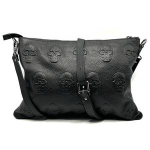 lot 28B image: IO Pelle Skull-Embossed Black Leather Crossbody - Brand New with Tags Retail $400
