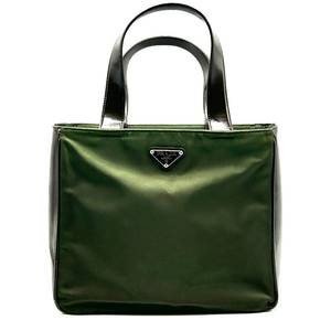 lot 39B image: Prada Green Tessuto Nylon and Black Leather Tote Bag Pre-Owned Retail $725