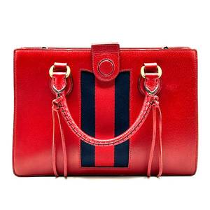 lot 39A image: Gucci Red Leather Web Stripe Top Handle Tote Bag Pre-Owned Retail $1,200