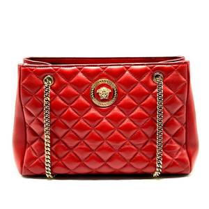 lot 28A image: Versace Quilted Red Leather Medusa Chain Shoulder Tote Bag Pre-Owned Retail $1,100
