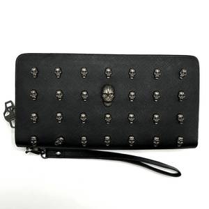 lot 52C image: Thomas Wylde Black Leather Skull-Studded Wristlet Zip Wallet  Pre-Owned Retail $550