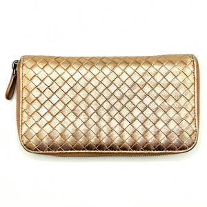 lot 52D image: Bottega Veneta Metallic Gold Intrecciato Leather Zip-Around Wallet  Pre-Owned Retail $695