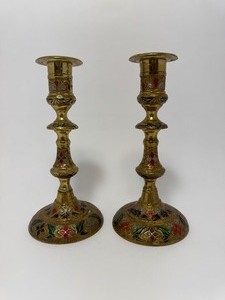 lot 2 image: Lot of (2) Brass Floral Candle Stick Holders