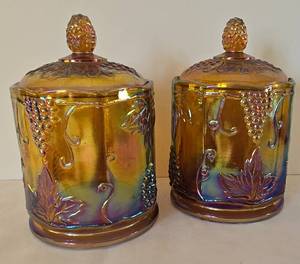 lot 33 image: Pair of Vintage Amber Carnival Glass Canisters