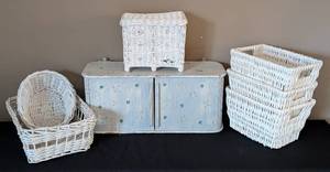 lot 130 image: White Wicker Baskets and Wooden Wall Shelf