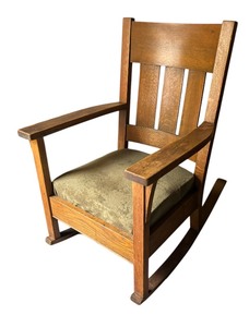 lot 151 image: Vintage Arts and Crafts Oak Rocking Chair  Vintage Mission Style Rocking Chair