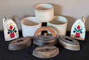 lot 142 image: Vintage Crocks and Metal Irons