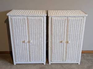 lot 8 image: Pair of White Wicker Storage Cabinets