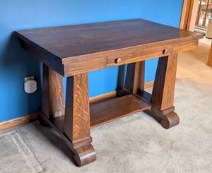 Vintage Oak Arts and Crafts Oak Pedestal Desk / Vintage Oak Mission Style Library Table