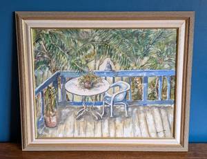 lot 16 image: Scenic Tropical Framed Oil Painting