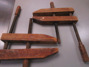 lot 73 image: Vintage wood clamps, two with woode...