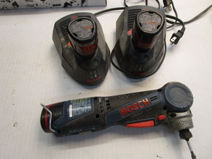 lot 129 image: Bosch driver, 3 batteries, 2 charge...