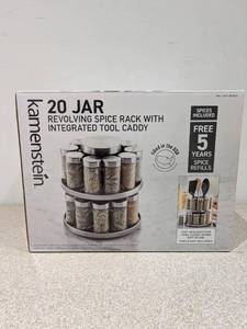 lot 47 image: NEW KAMENSTEIN 20 JAR REVOLVING SPICE RACK WITH INTEGRATED TOOL CADDY