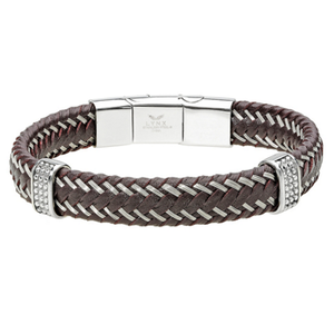 lot 99 image: Lynx Mens Braided Brown Leather and Stainless Steel Station Magnetic Bracelet