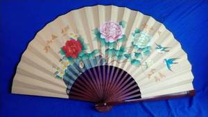 lot 130 image: Oriental HAND PAINTED FAN Decor Wall Hanging Floral Motif