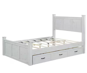 lot 207 image: Light Ash White Wood Frame Queen Platform Bed with 3-Storage Drawers
