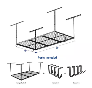 lot 242 image: FLEXIMOUNTS OHK Series 36 in. W x 72 in. D x 22-40 in. H Black Ceiling Mounted Overhead Garage Storage Rack with Accessory Hooks