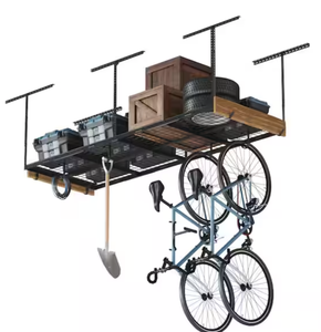lot 244 image: FLEXIMOUNTS OHK Series 36 in. W x 96 in. D x 22-40 in. H Black Ceiling Mounted Overhead Garage Storage Rack with Accessory Hooks