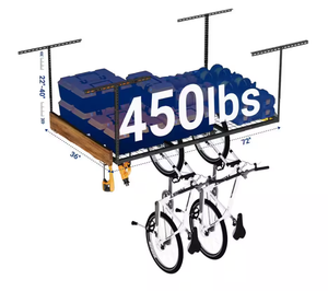 lot 246 image: FLEXIMOUNTS OHK Series 36 in. W x 72 in. D x 22-40 in. H Black Ceiling Mounted Overhead Garage Storage Rack with Accessory Hooks