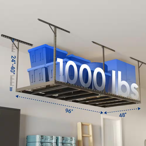 lot 248 image: FLEXIMOUNTS Max Series 48 in. W x 96 in. D x 24 - 40 in. H Black Heavy Duty Ceiling Mounted Overhead Garage Storage Rack