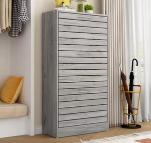lot 262 image: Gray Wood Grain 18-Pair Shoe Storage Cabinet with 3-Drawers for Entryway Hallway 42.3 in. H x 22.4 in. W