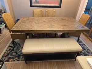 lot 61 image: Wooden Dining Table with Woven Chairs and Padded Bench