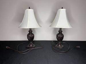 lot 86 image: Pair of Swirled Resin Table Lamps with White Shades