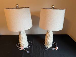 lot 100 image: Pair of Ceramic Table Lamps with Textured Base and Light Beige Shade