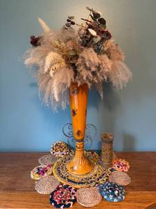lot 104 image: Vintage Orange Ceramic Vase with Dried Floral Arrangement and Candle Holder