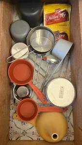 lot 107 image: VTG French Pastry Rolling Pin, Vintage Hand Mixer and Measuring Cup Set with Yeast