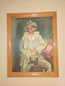 lot 113 image: Vintage Framed Clown Portrait Painting by Artist Ruzicka