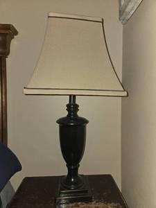 lot 117 image: Pair of Black Table Lamps with Beige Lampshades