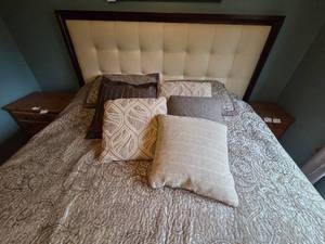 lot 125 image: Upholstered Bed Frame with Headboard, Bed Frame. Mattress, Bedding, Pillows, etc. (H27 x W76 x D80)