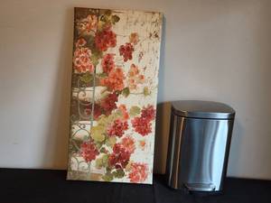 lot 135 image: Floral Canvas Wall Art and Stainless Steel Trash Can