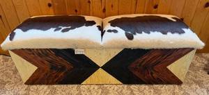 lot 144 image: Western Style Wooden Storage Bench with Cowhide Upholstery